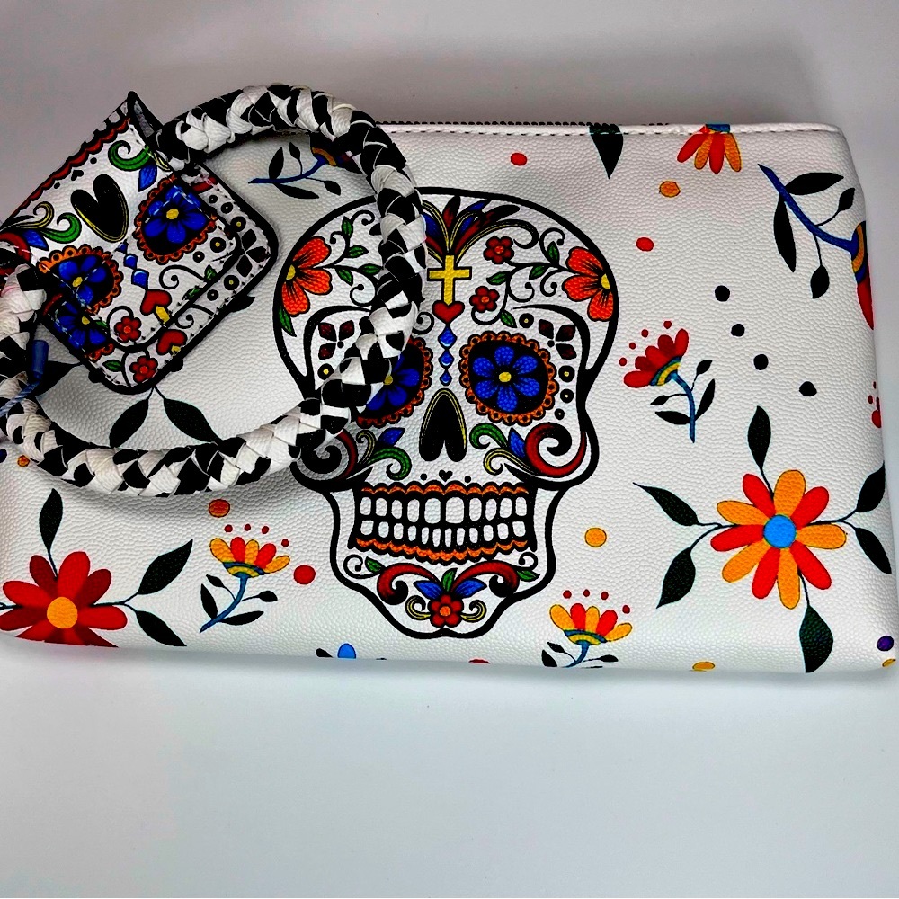Sugar Skull Print Wallet Day of the Dead Wristlet! Vegan PETA Approved!